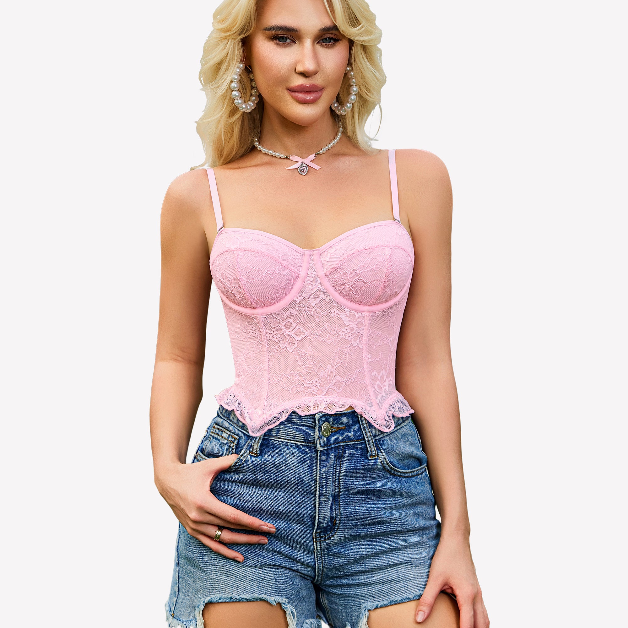 Pink lace underwire bustier corset top with sweetheart neckline and straps