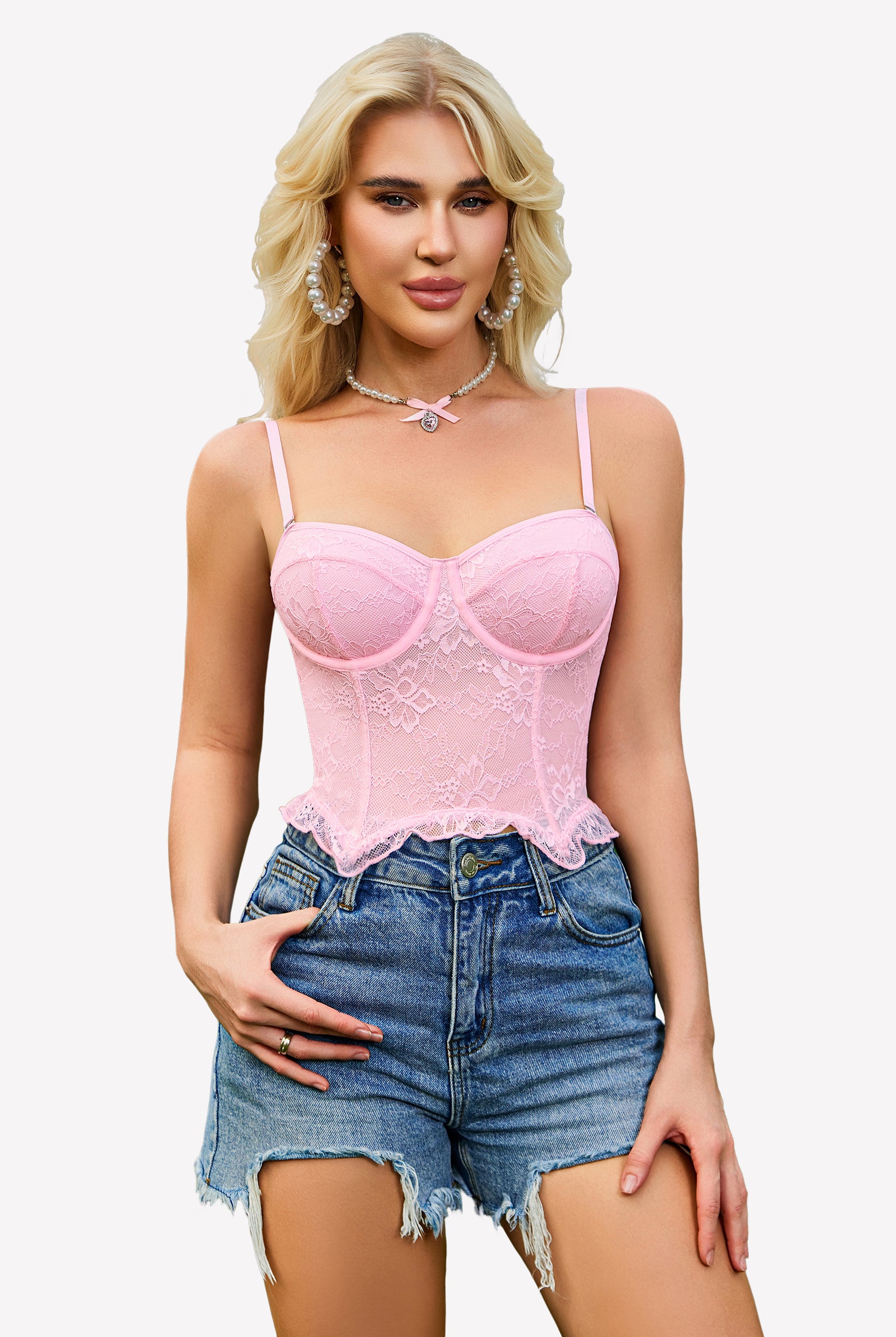 Pink lace underwire bustier corset top with sweetheart neckline and straps