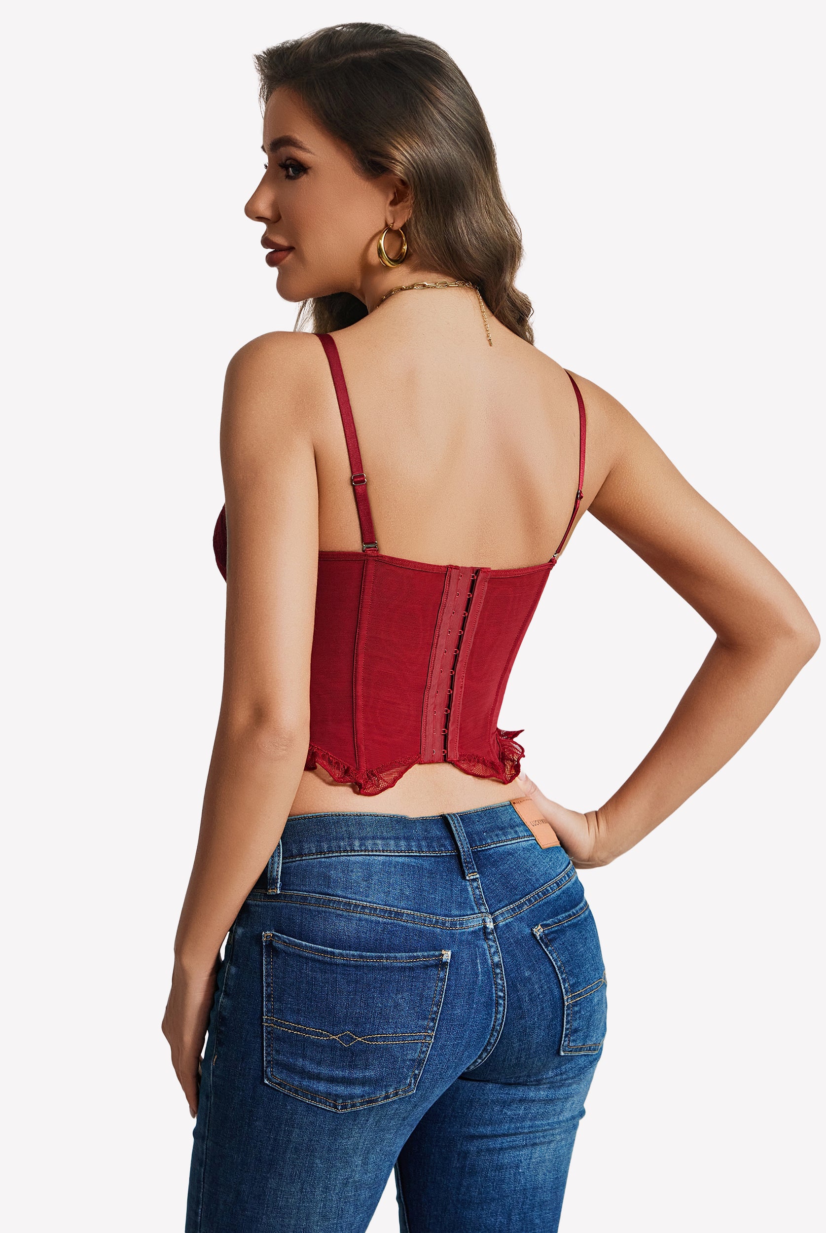 Wine red lace underwire bustier corset top with adjustable spaghetti straps, back view