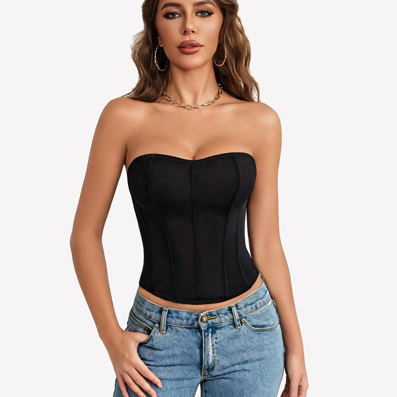 Strapless corset top in black with boned bodice and smooth bust panel