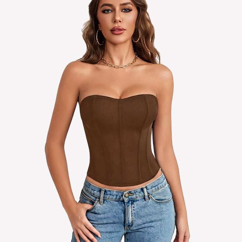 Strapless corset top in brown with boned bodice and structured bust