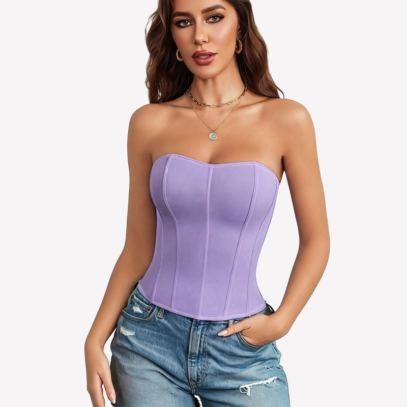 Strapless corset top in light purple with boned, contoured panels