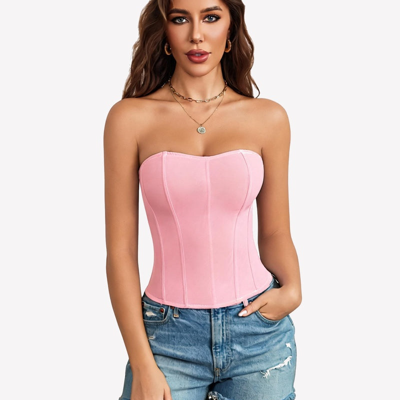 Strapless corset top in pink with boned, fitted bodice