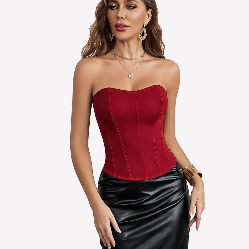 Strapless corset top in wine red with boned, structured bust
