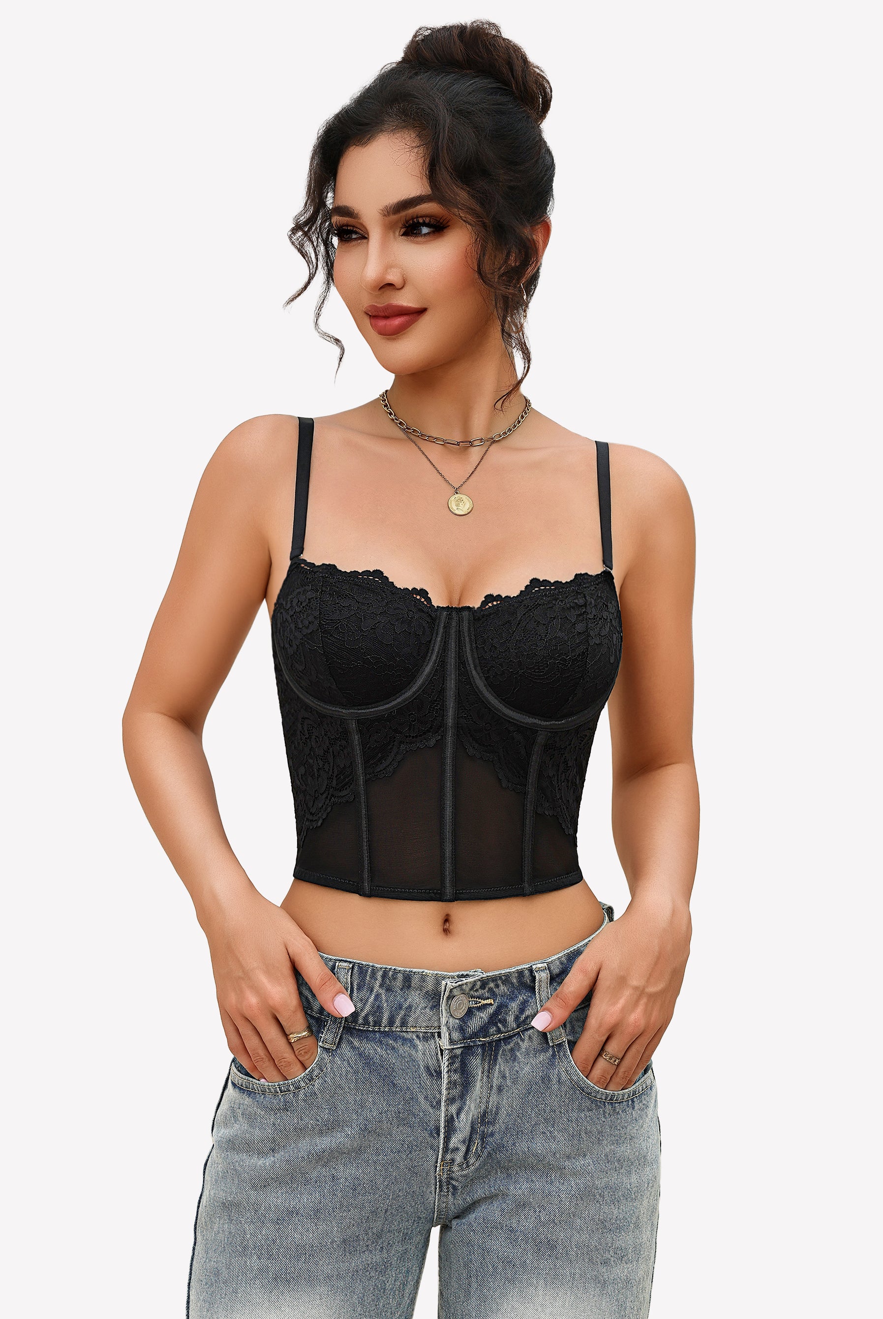 Black lace bustier corset crop top with underwire cups and spaghetti straps