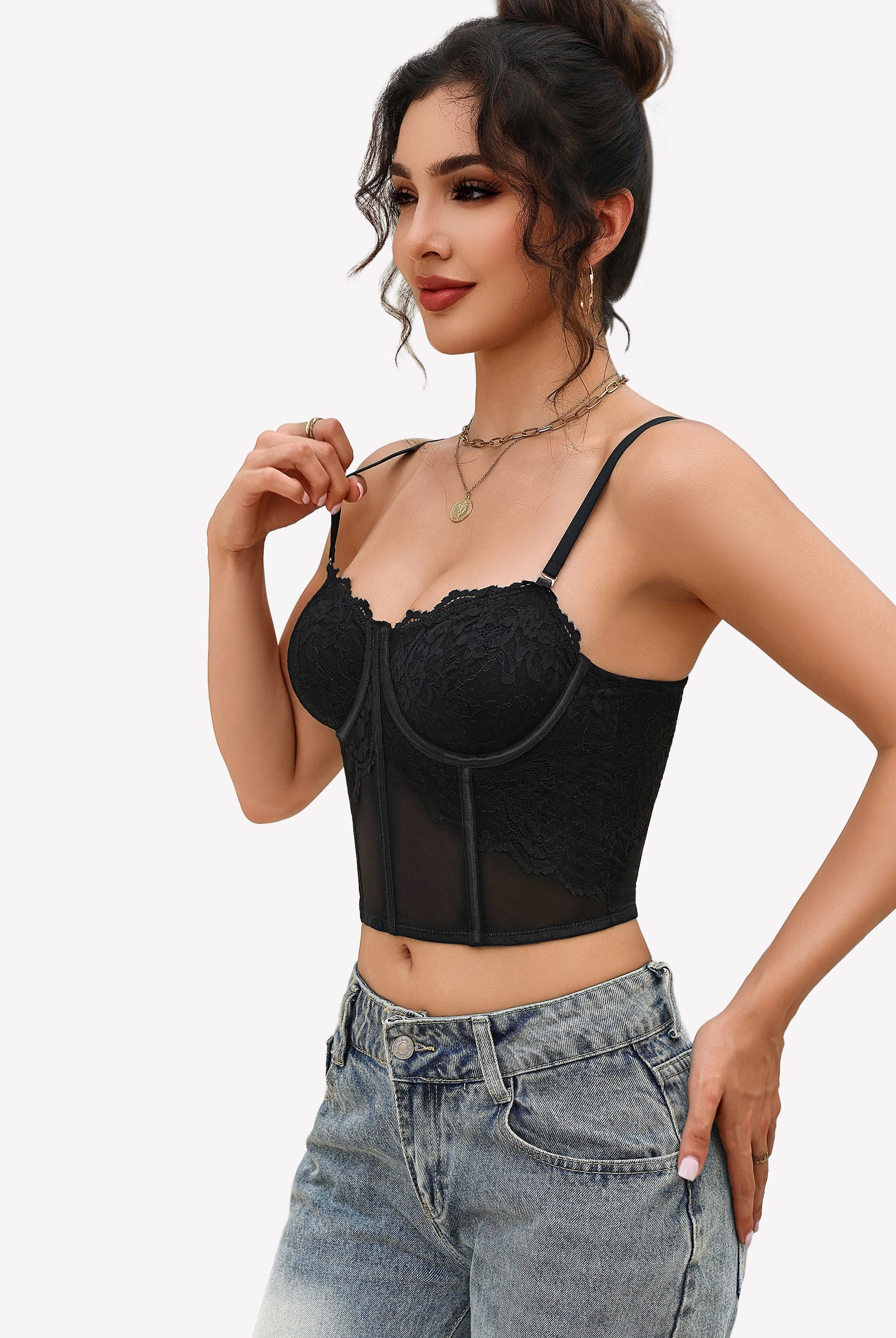 Black lace bustier corset crop top with underwire cups, scalloped edge, thin straps