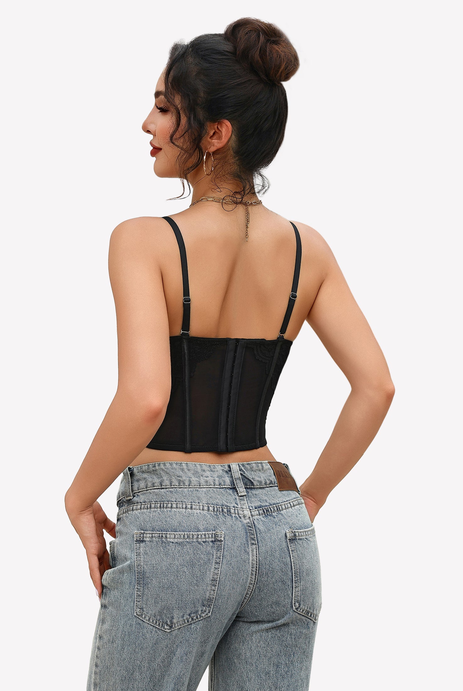 Black lace bustier corset crop top with underwire cups, open back, thin straps