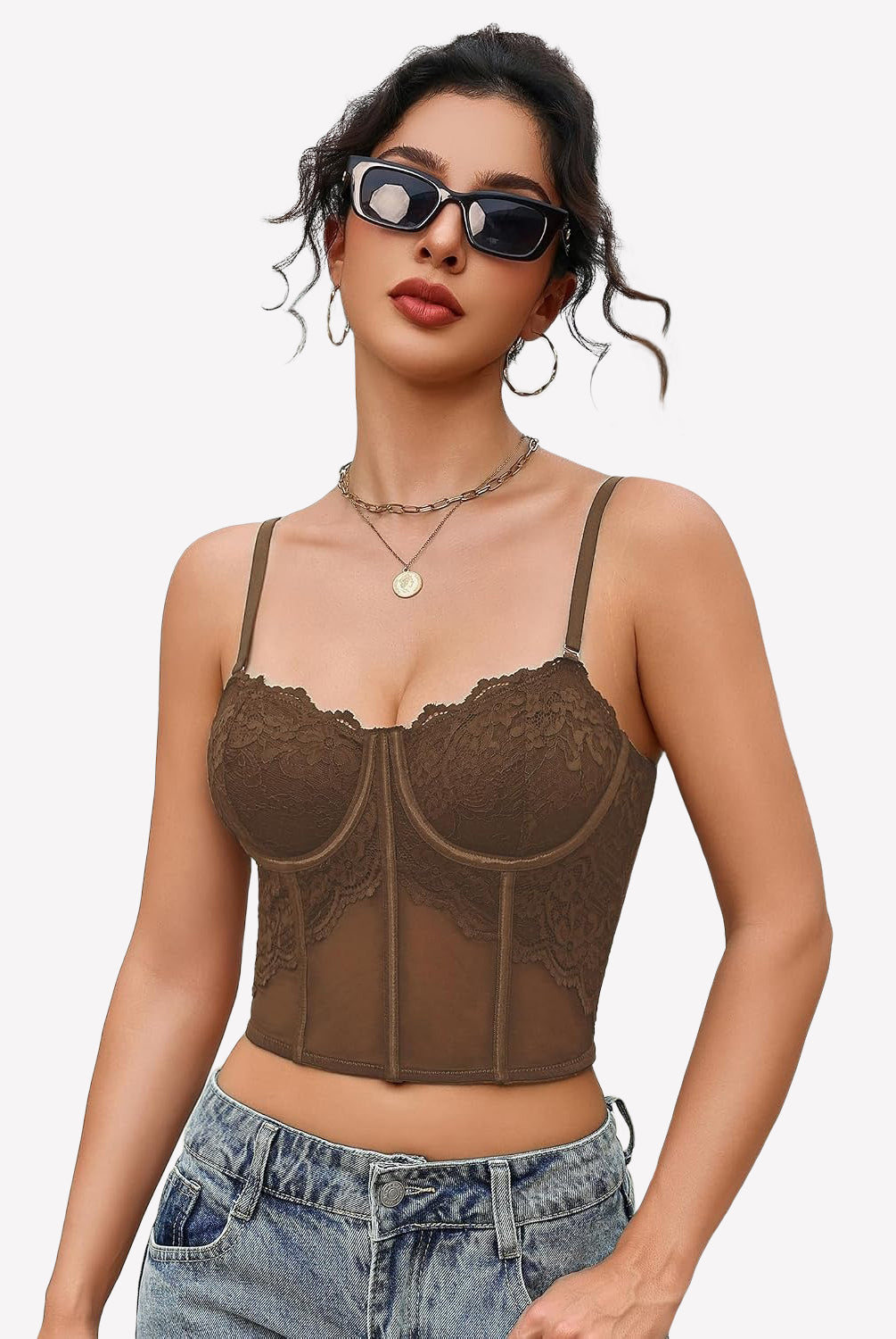 Brown lace bustier corset crop top with underwire cups and spaghetti straps