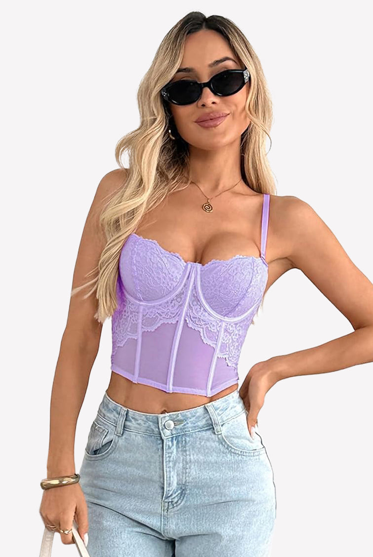 Lilac lace bustier corset crop top with underwire cups and thin spaghetti straps