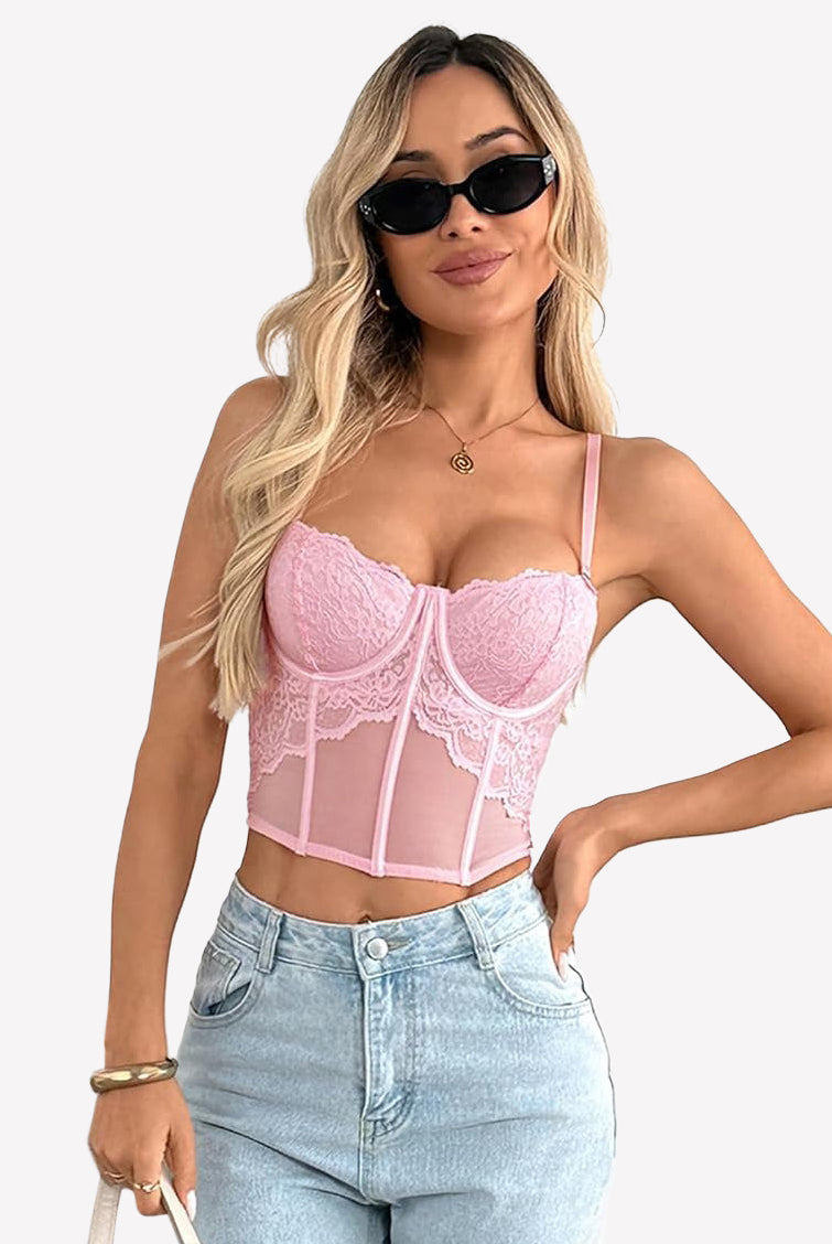Lilac lace bustier corset crop top with underwire cups and lace-trimmed bust