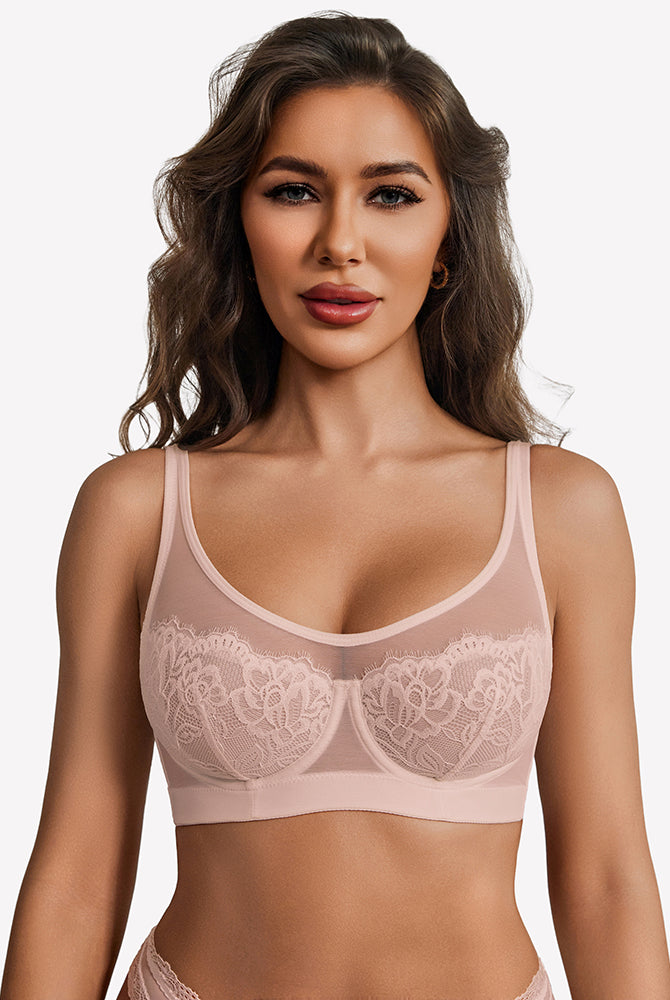 Sheer mesh lace underwire bra in blush with full coverage cups and lace trim.