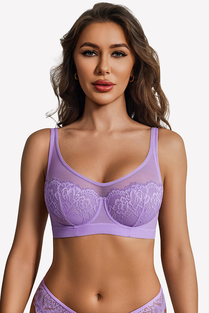 Lilac sheer mesh lace underwire bra with floral cups, unlined