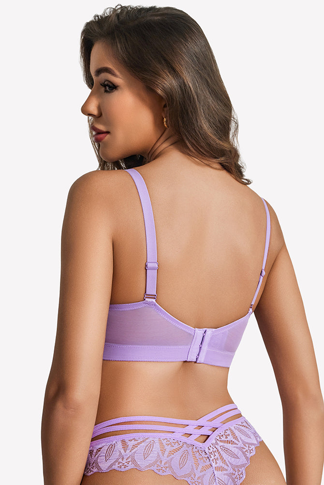 Sheer mesh lace underwire bra in lilac, back view with adjustable straps and lace.