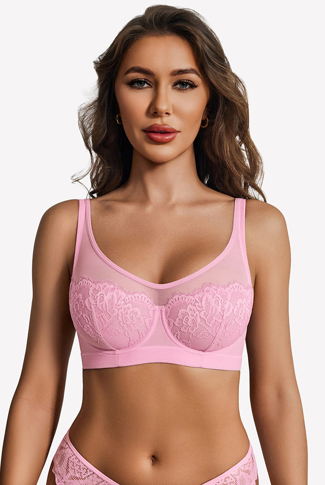 Light pink sheer mesh lace underwire bra with floral cups, unlined