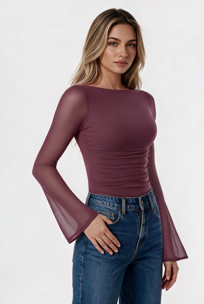 Plum backless mesh ruched bodysuit with boat neck and flared long sleeves