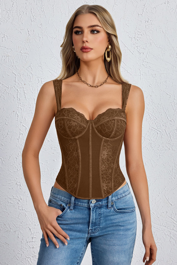 Brown floral lace underwire corset top with boned bustier shaping