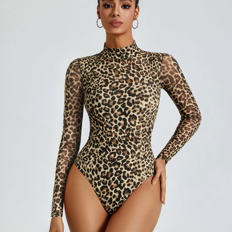 Leopard print mesh mock neck long-sleeve bodysuit with sheer sleeves