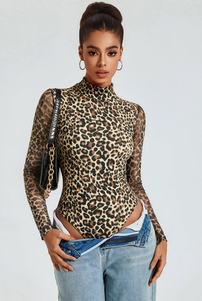 Leopard print mesh mock neck bodysuit with sheer long sleeves and high-leg cut