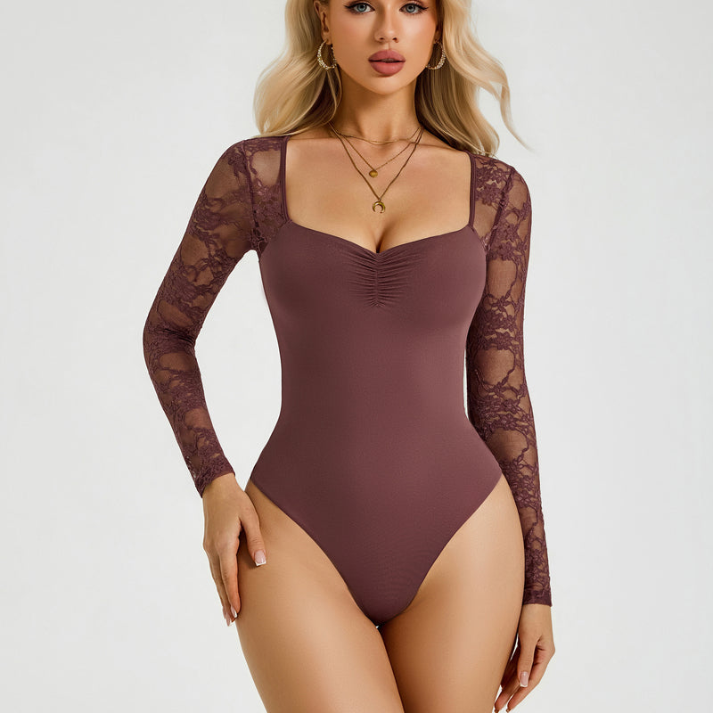 Burgundy sweetheart lace long-sleeve bodysuit with ruched front