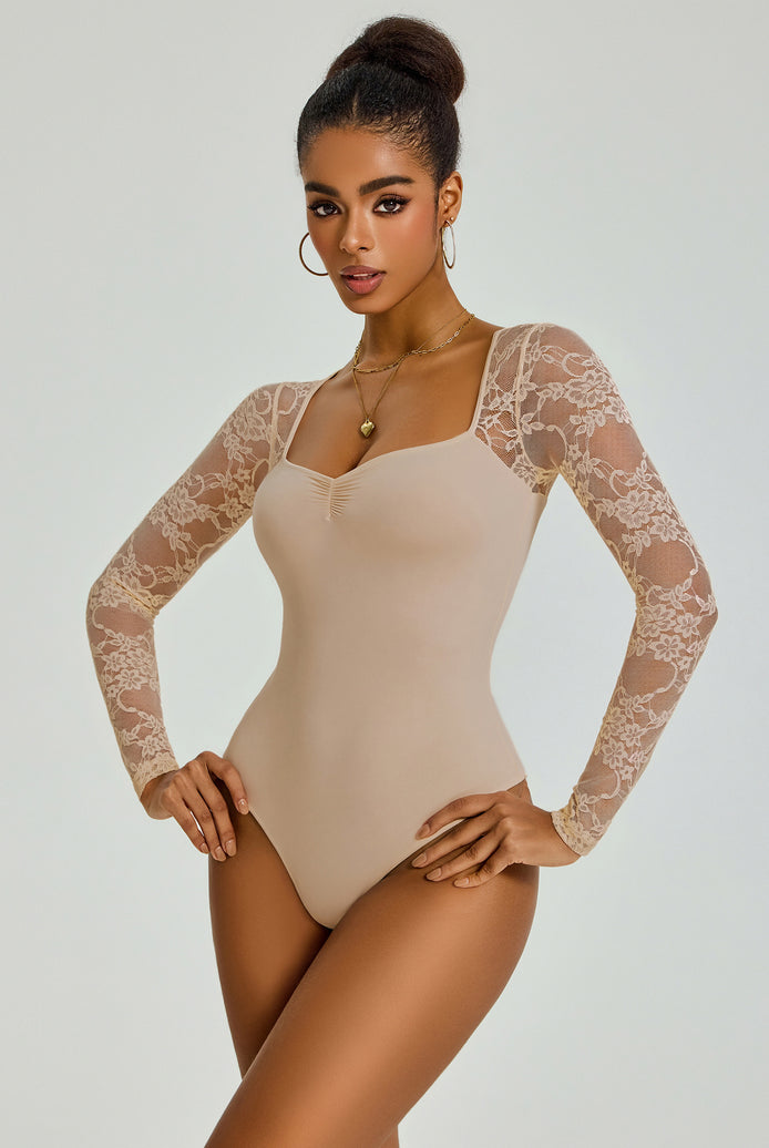 Nude sweetheart lace long-sleeve bodysuit with ruched front