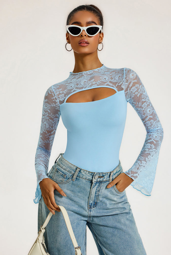Light blue floral lace mock neck long sleeve bodysuit with chest cut-out