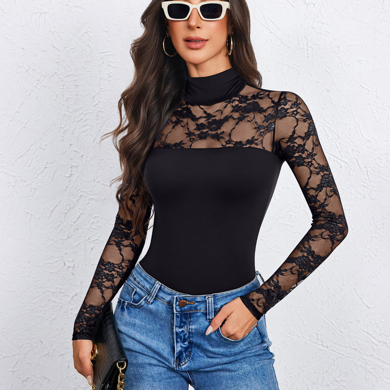 Black lace long-sleeve bodysuit with turtle neck and thong back