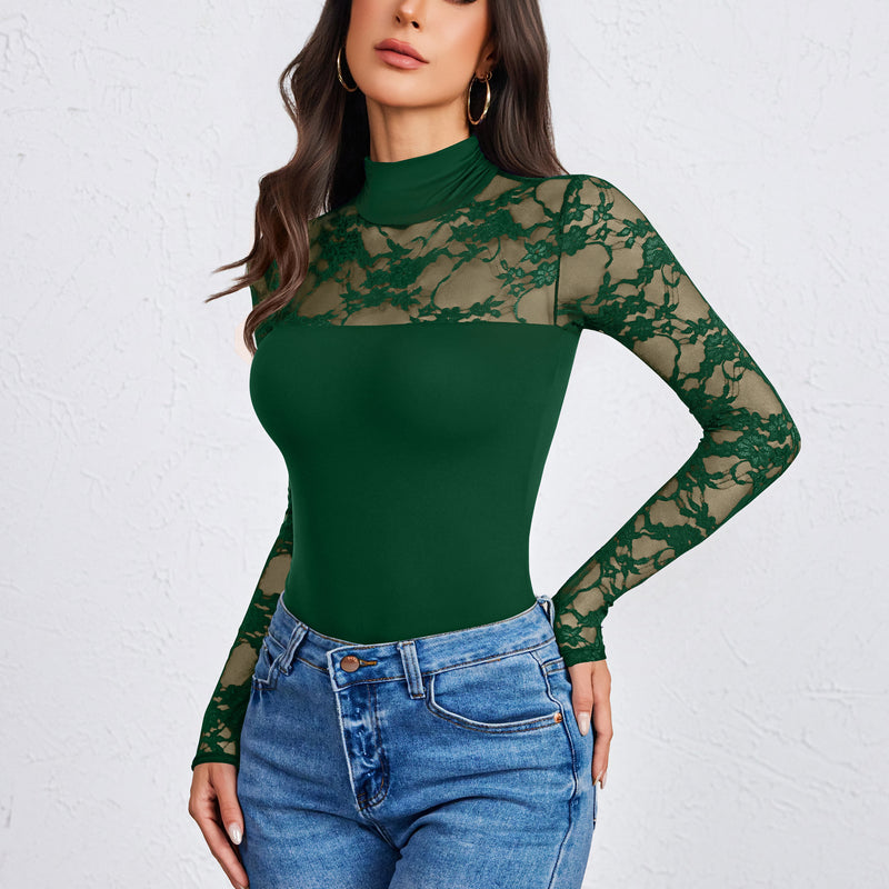 Dark green lace long-sleeve turtle neck bodysuit with thong back