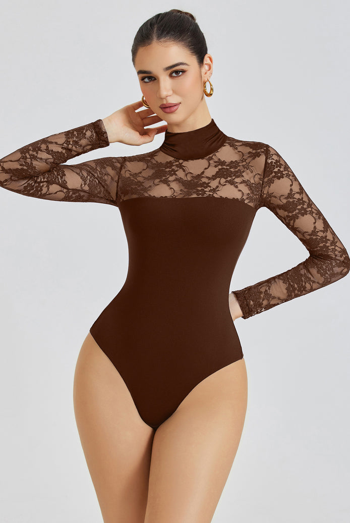 Brown lace long-sleeve turtle neck bodysuit with thong back