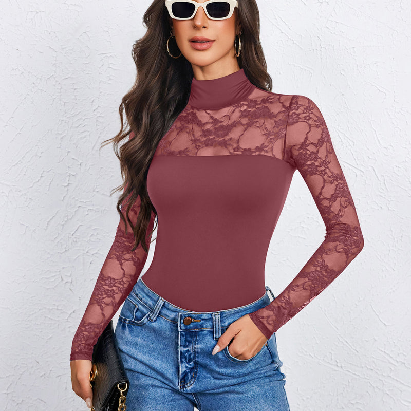 Burgundy lace long-sleeve turtle neck bodysuit with thong back