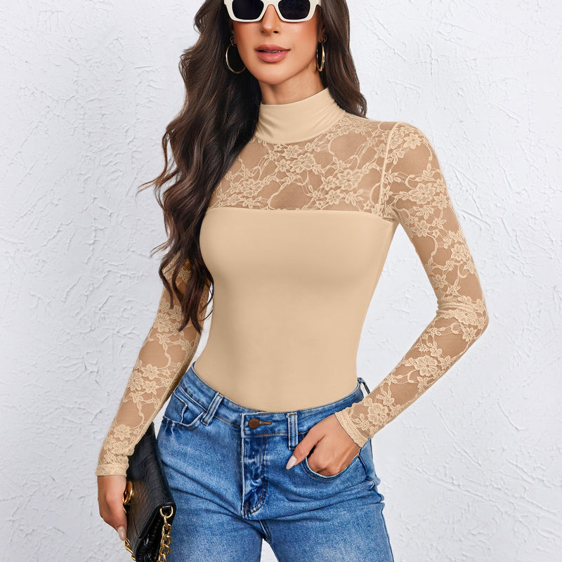 Nude lace long-sleeve turtle neck bodysuit with thong back