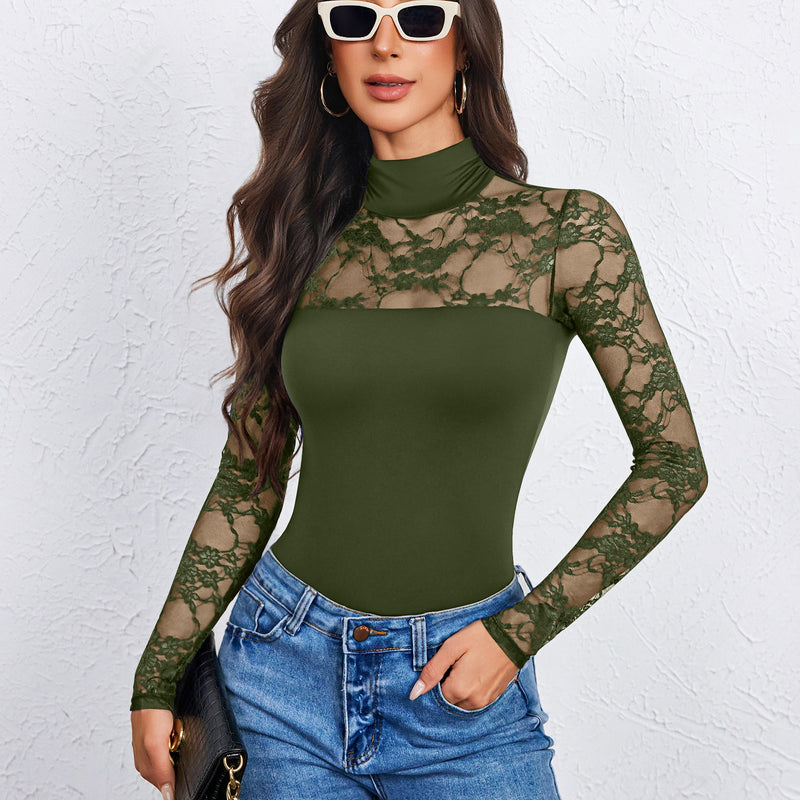 Olive green lace long-sleeve turtleneck bodysuit, sheer floral sleeves
