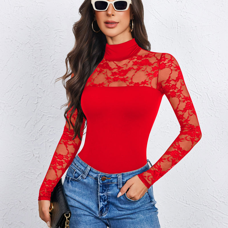 Red lace long-sleeve turtleneck bodysuit with sheer floral sleeves