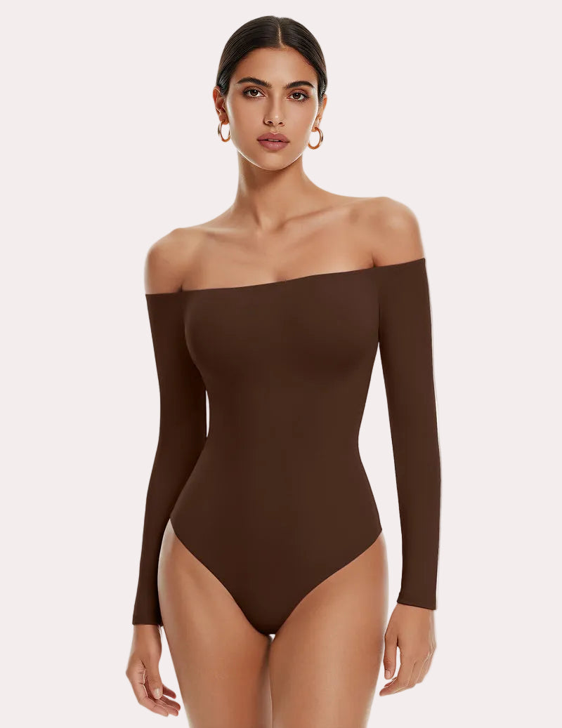 Brown off-shoulder long-sleeve bodysuit with thong bottom, double-lined fit