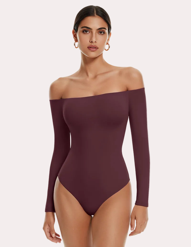 Wine purple off-shoulder long-sleeve bodysuit with thong bottom, double-lined fit