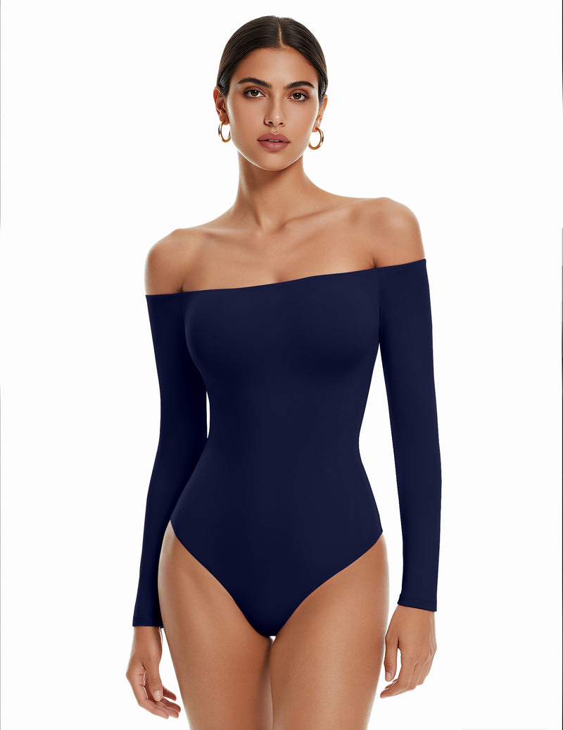 Navy off-shoulder long-sleeve bodysuit with thong bottom, double-lined fit