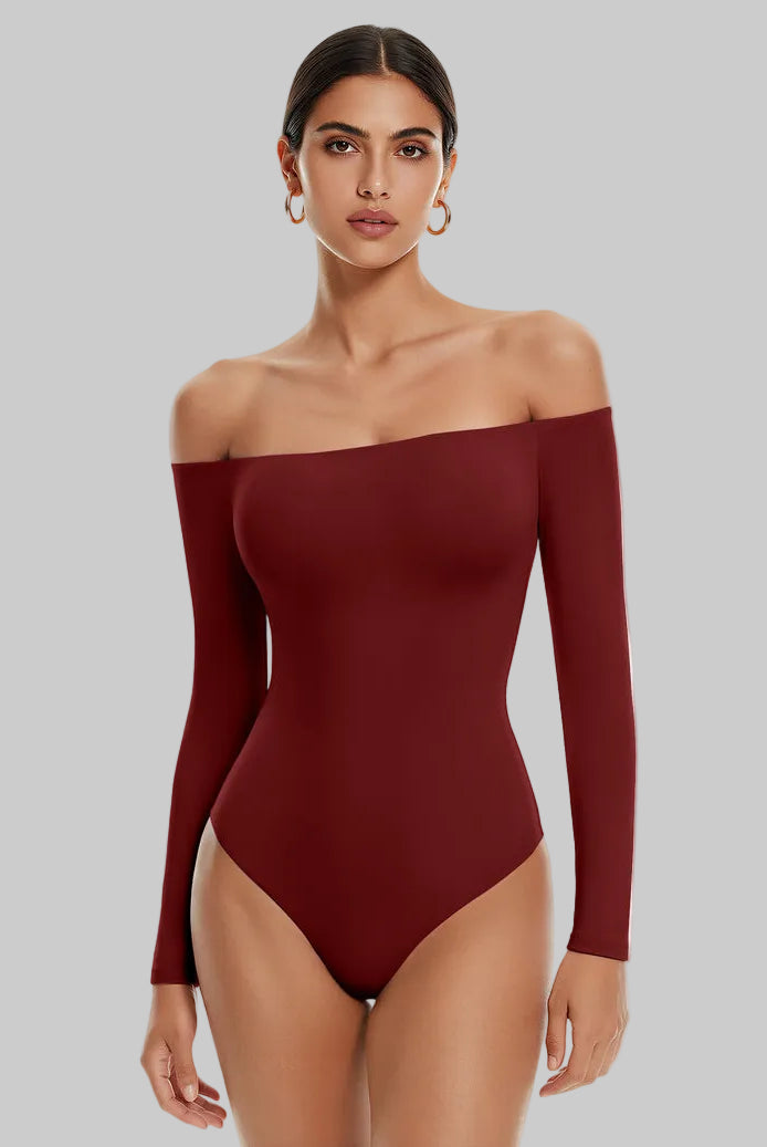 Wine-red off-shoulder long-sleeve thong bodysuit, smooth fitted double-lined