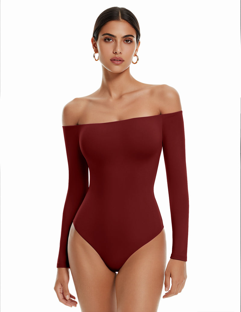 Wine-red off-shoulder long-sleeve thong bodysuit, smooth fitted double-lined
