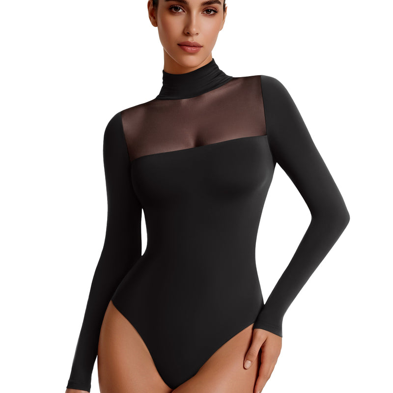 Black mesh turtleneck long-sleeve bodysuit with double-layer front panel