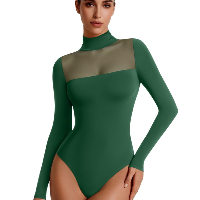 Green mesh turtleneck long-sleeve bodysuit with double-layer front panel