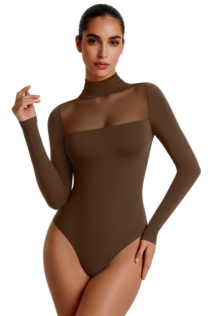 Brown mesh turtleneck long-sleeve bodysuit with double-layer front panel