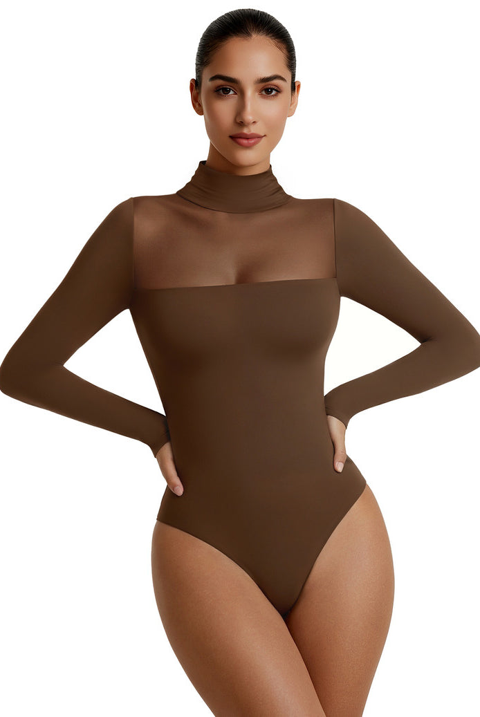 Brown mesh turtleneck long-sleeve double-layer bodysuit, full front view