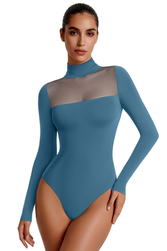 Blue mesh turtleneck long-sleeve bodysuit with double-layer front panel