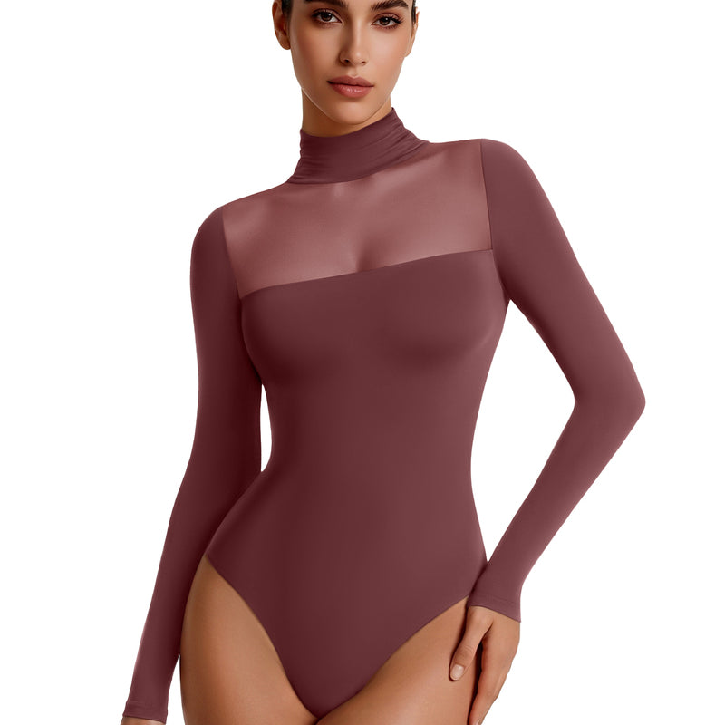 Maroon mesh turtleneck long-sleeve bodysuit with double-layer front panel