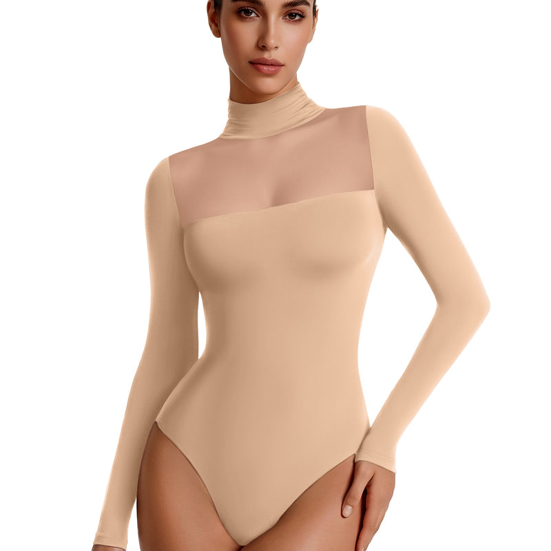 Nude mesh turtleneck long-sleeve bodysuit with double-layer front panel