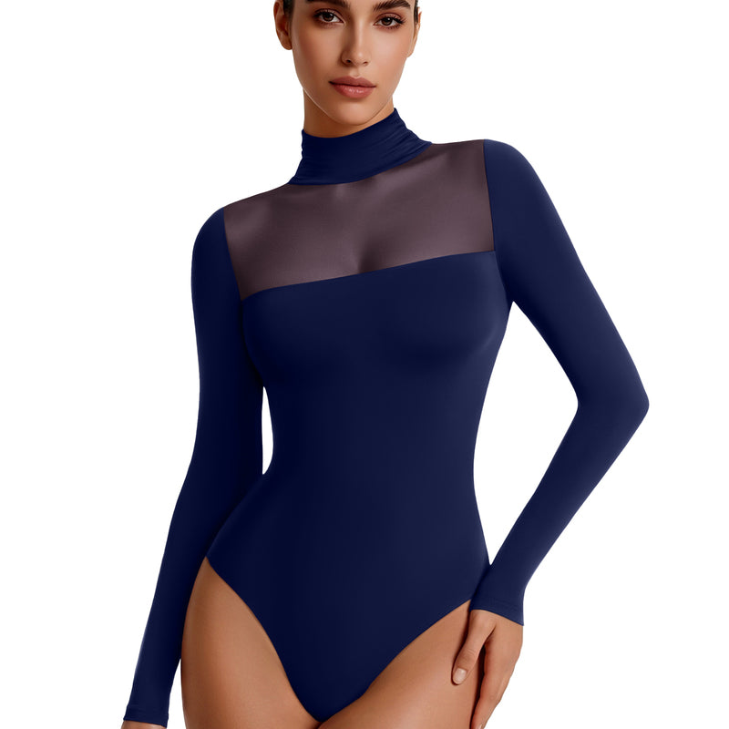 Navy mesh turtleneck long-sleeve bodysuit with double-layer front panel