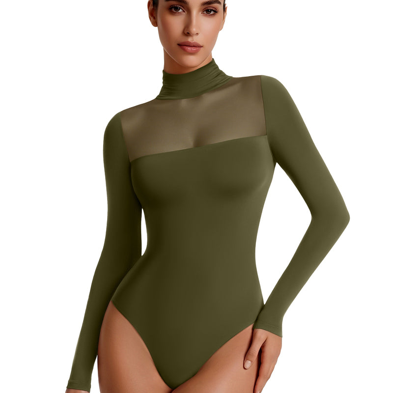 Olive green mesh turtleneck long-sleeve bodysuit with double-layer front panel