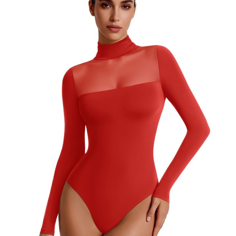 Red turtleneck mesh long-sleeve bodysuit with sheer double-layer front