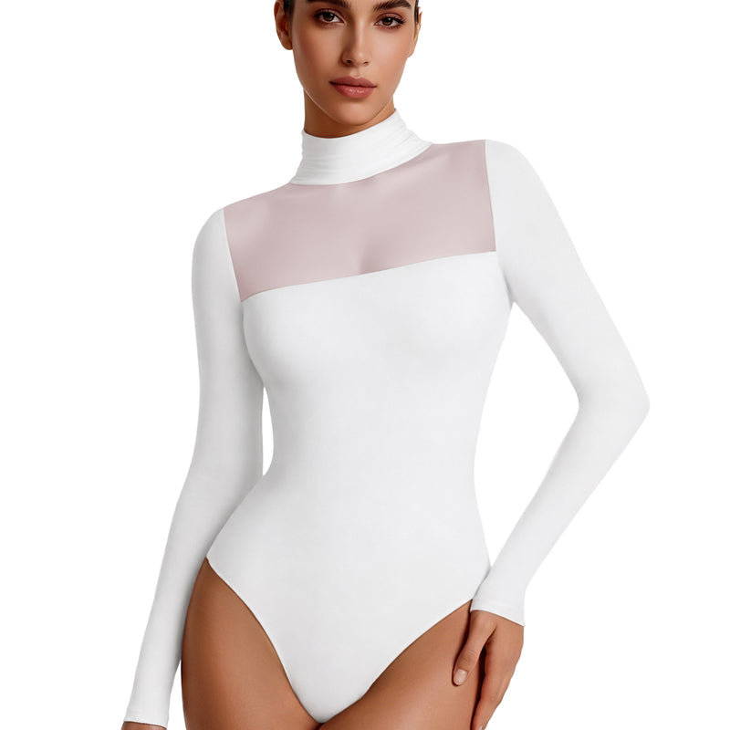 White turtleneck mesh long-sleeve bodysuit with sheer double-layer front