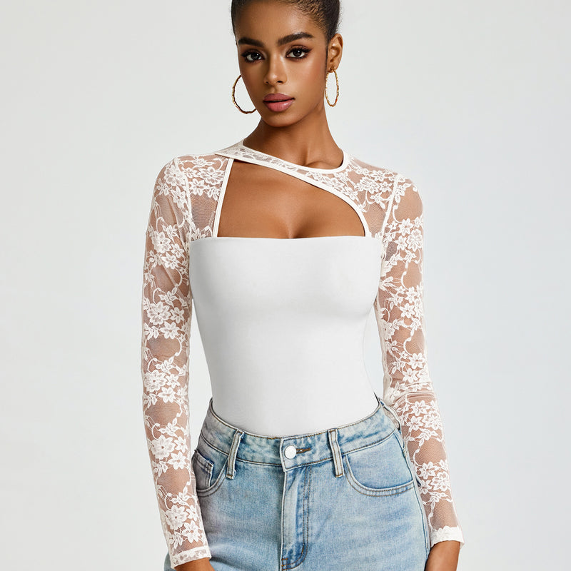White lace long-sleeve bodysuit with asymmetric chest cut-out and thong back