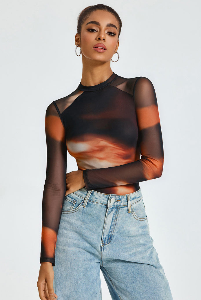 Black sheer mesh long-sleeve bodysuit with crew neck, double-lined, rust print